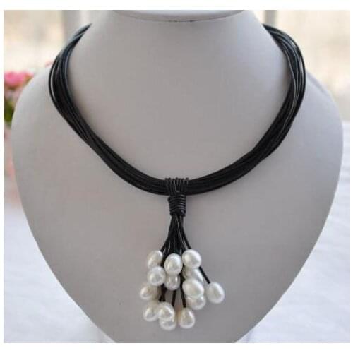 New Arriver Pearl Jewelry 15 Row 17'' 13mm White Rice Freshwater Pearl Black Leather Grape Necklace