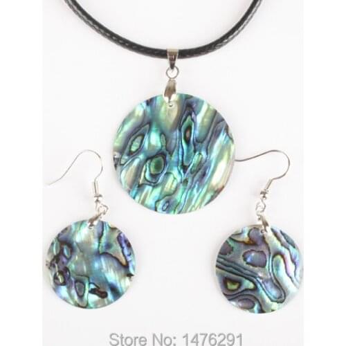 New Natural Abalone Shell Round Blue Thin Beads Pendant Necklac & Earring 1 Set