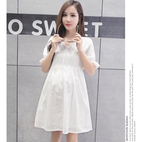 Maternity Clothes Fashion Summer New Arrival Hollow Lace White Dress for Pregnant Pregnancy Loose Temperament Plus Size Clothes