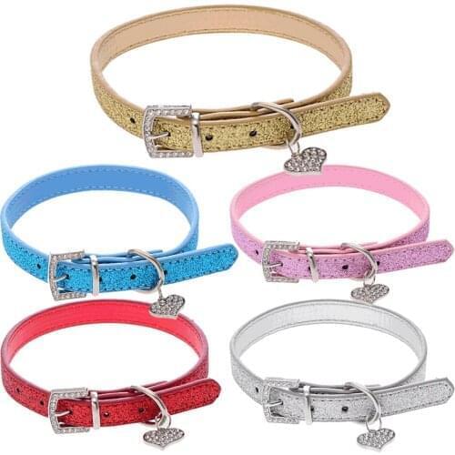 Dog Collar Adjustable Puppy Necklace Doggie Neck Strap For Small Dog Crystal Diamond Heart Pendant Pet Supplies Shiny Leather