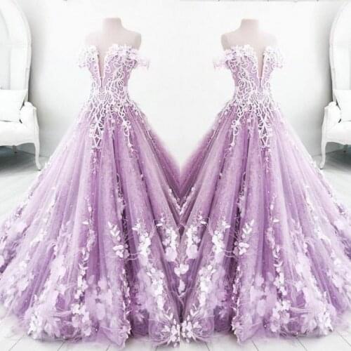 Gorgeous Evening Dress Lilac vestido de festa Vintage Off Shoulder Long Evening Dress Applique Lace Puffy Formal Party Gowns
