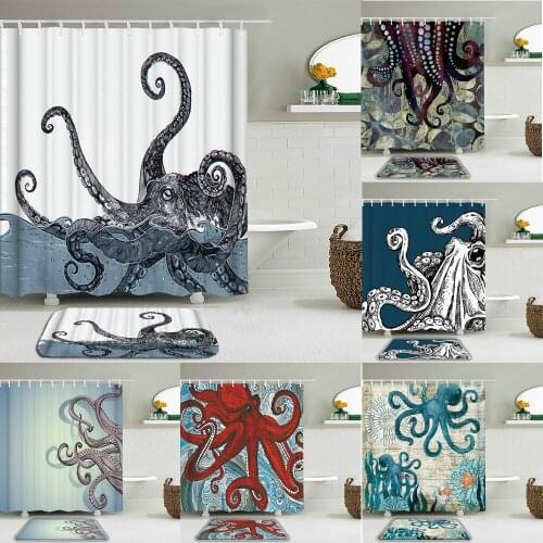 Ocean Octopus Pattern Fabric Waterproof Shower Curtain Set Mat 3D Printing Bathroom Curtains Non-Slip Toilet Bath Mat Home Decor