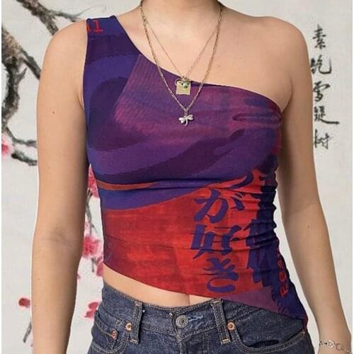 Harajuku 90s Vintage Printed Crop Top One Shoulder Asymmetric Corset Tank Women Summer Y2K Aesthetic Chinese Style Camis Vest
