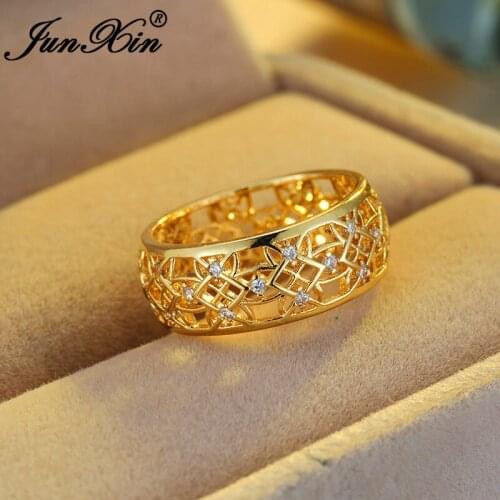 Vintage Crystal Hollow Flower Ring White Gold Yellow Rose Gold Color White Zircon Stone Round Wedding Engagement Rings For Women