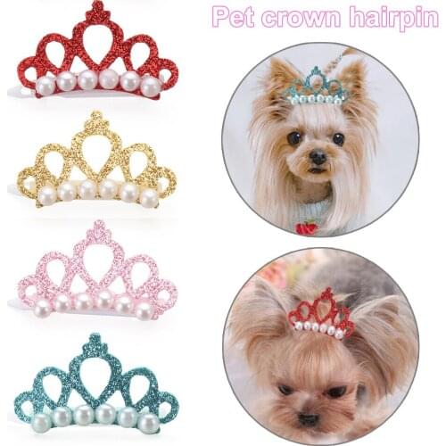 Cute Small Dogs Hair Clip Faux Pearl Rhinestone Crown Shape Bows Hairpin Lovely Head Decor for Pets Grooming Pet Accessories