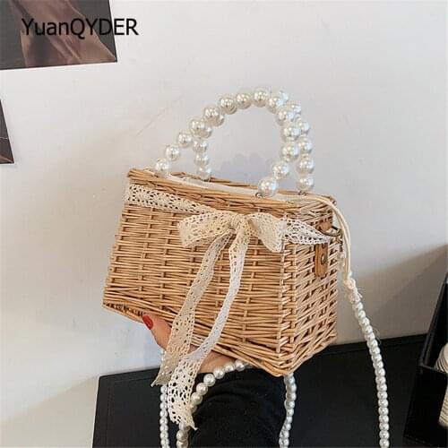 2021 Summer Ladies Shoulder Bag Fashion Ladies Straw Woven Bag Ribbon Designer Pearl Shoulder Strap Design Women Messenger Bags