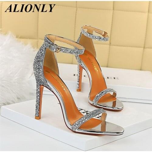 ALIONLY Silver Champagne High heels for Women 2021 Summer Sandals Buckle Strap Gladiator Sandals Stiletto Wedding Rhine Stone