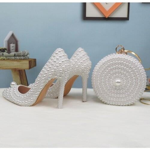 BaoYaFang White Beads Pearl women wedding shoes Bride High heels shoes ladies super big size party dress shoes woman Pointed Toe