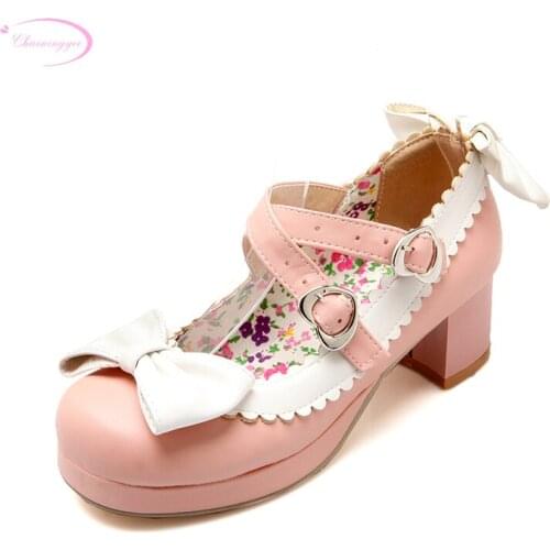 Chainingyee sweet dating style comfortable round toe pumps fashion color matching bowknot belt buckle med with womens shoes