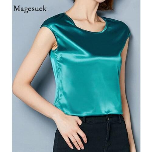 2021 Women Casual Satin Tops Summer O-neck Sleeveless Blouse Plus Size Clothing M-4XL Shirts Simple Solid Loose Women Tops 14752