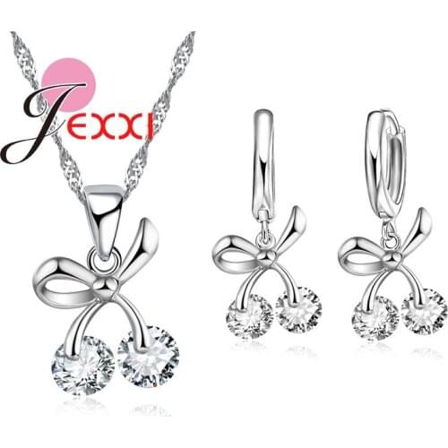 New Arrival 925 Sterling Silver Cubic Zirconia Stone Bowknot Pendant Necklace Earrings Women Brincos Bridal Jewerly Sets