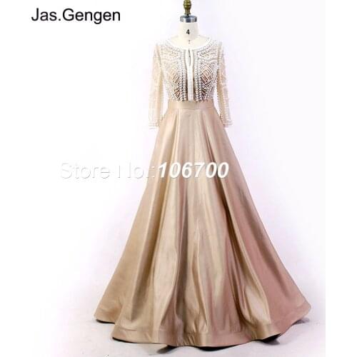 New Arabic Style Long Prom Gown Sheer Illusion Boat Neck With Pockets Heavy Beaded Peal Wedding Satin Dresses 913b