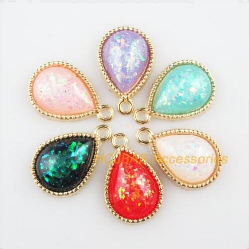 18 New AB Shivering Mixed Resin Teardrop Flower Charms Gold Tone 13x19.5mm