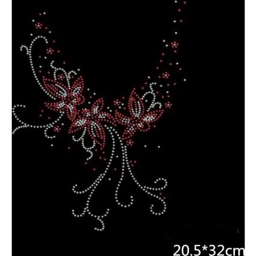 20.5*32cm red flower hotfix rhinestones motif heat transfer iron on patch garment patch for women dress neckline Sweater