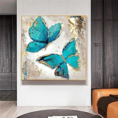 Abstract Canvas Poster Blue Butterflies with Gold Foil Painting Canvas Spray Painting Wall Art for Home Decoration Wall Art