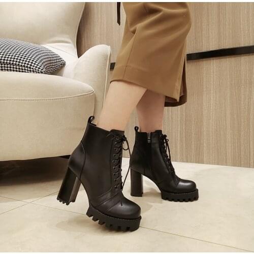 QZYERAI 2021 Women Genuine Leather Super High Heels Boots Lace Up Dress Shoes Woman Platform Spring Autumn Ankle Boots Woman