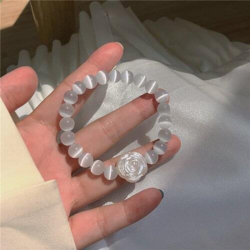 Natural Stone Beads Bracelet White Opal Moon Stone Bracelet Elastic Cat Eyes Stone Charm Women Elastic Rope Jewelry