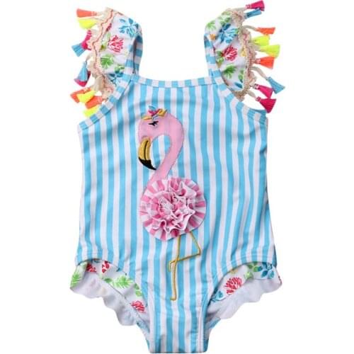 Kids Baby Girls Flamingo Bikini 2019 Newborn Baby Girls Blue Striped Swimwear Tassel One-piece Swimsuit Bathing Suit Beachwear