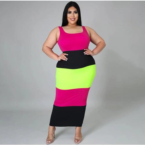 L-5XL Plus Size Color Block Spliced Sheath Dress Women Sexy Low Neck Sleeveless Skinny Dresses Summer High Waist Party Vestidos