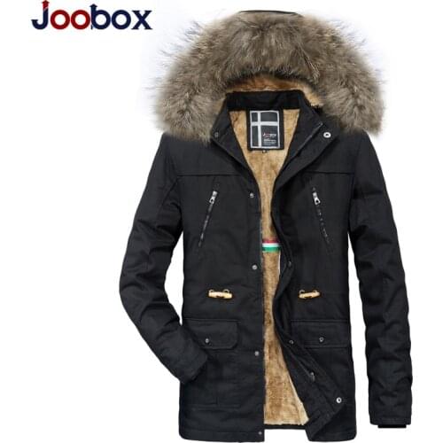 Mens Plus Velvet Thick Cotton-padded Clothes Mid-length Fur Collar Warm Trench Coat Waist