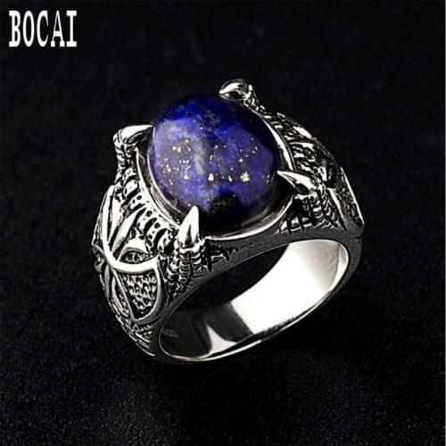 2019 New fashion natural lapis lazuli mens silver ring s925 silver simple personality domineering silver ring for Men male ring
