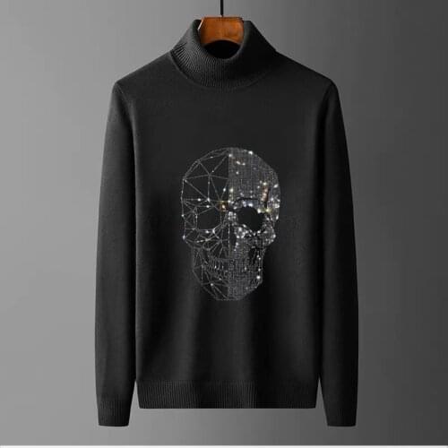 Mens Turtleneck Sweater Fall/Winter Knitted Casual Tops Brand Hot Diamond Design Skull Korean Version Keep Warm
