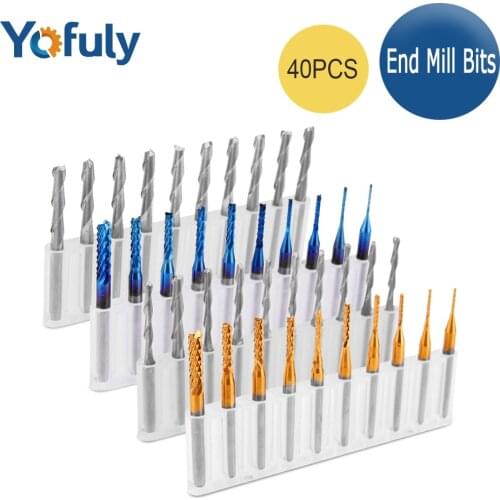 40pcs End Mill Bits Set 1/8" Shank,Nano Blue Coat CNC Router Bits Cutting Milling Tool Engraving Cutter CNC Milling Cutters