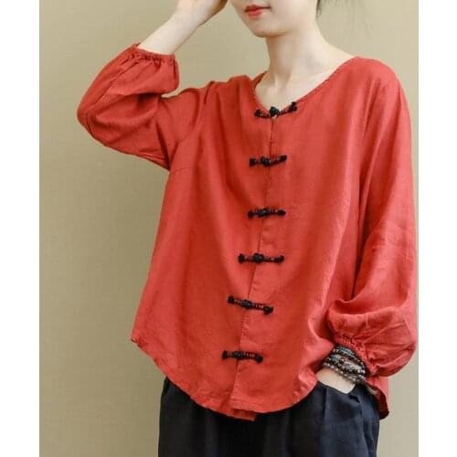 National 2021 Spring O neck Women T-Shirt Cotton Loose Long sleeve Solid Color Vintage Buckle Casual Blouse YoYiKamomo