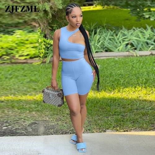 Solid Asymmetrical Shape Two Piece Outfits Women Sexy Sleeveless Sport Tank Top and Skinny Short Active Wear Workout Tracksuit