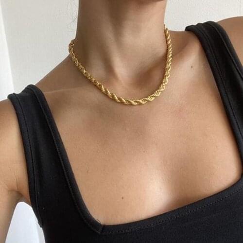 Punk Women Rope Chain Necklace, Gold Color Twisted Stainless Steel Choker, 2021 Vintage Rock Chic Minimalist Party Neck Jewelry