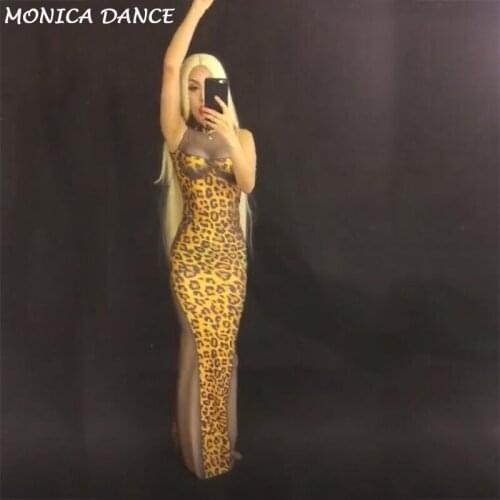Sexy Leopard Pattern Mesh Cotumes Sleeveless Cheongsam Long Womens Birthday Party Nightclub Outfit Female Singer Stage Wear
