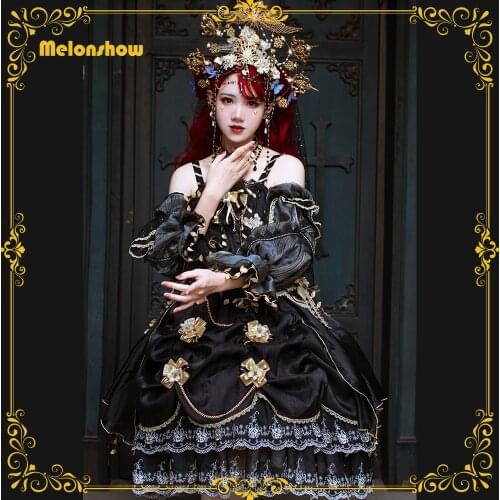 Melonshow Golden Lily Gothic Lolita Dress Black Plus Size Slip Dress Girls Lolita JSK Victorian Dresses Women Princess Cosplay