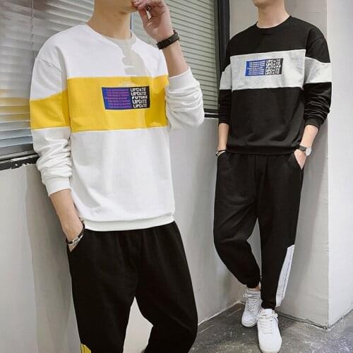 New Mens Sweatshirt Top Sweatpants 2 Pieces Set Round Neck Hoodie Long Trousers Spring Casual Clothing Gray Black White B1