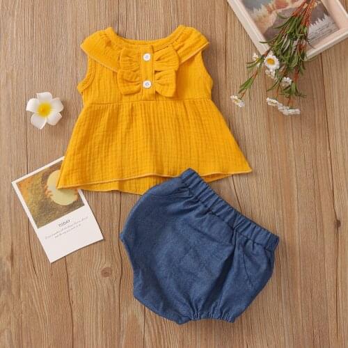 #VW Summer Newborn Baby Girls Sets Sleeveless Solid Button Bowknot Vest Tops+Shorts Set Outfits Gilrs Fashion Clothes ropa niña