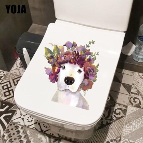 YOJA 20.7×23.8CM Creative Dog With Wreath Home Living Room Wall Decoration Fashion WC Toilet Stickers T1-2499