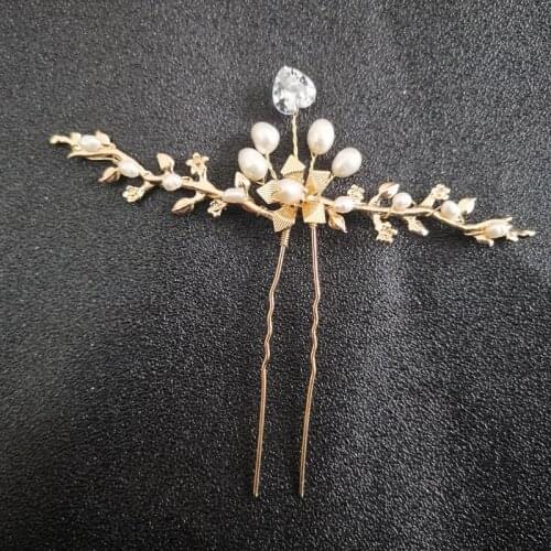 SLBRIDAL Golden Tree Branch Clear Cubic Zirconia Crystal Freshwater Pearls Wedding Hair Pin Bridal Hair Sticker Hair Accessories