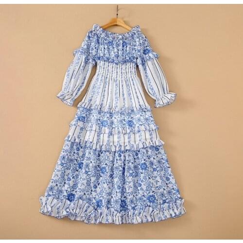 European and American womens wear for summer 2021 Long - sleeved one-line neck with print tight waist Fashion pleated dress