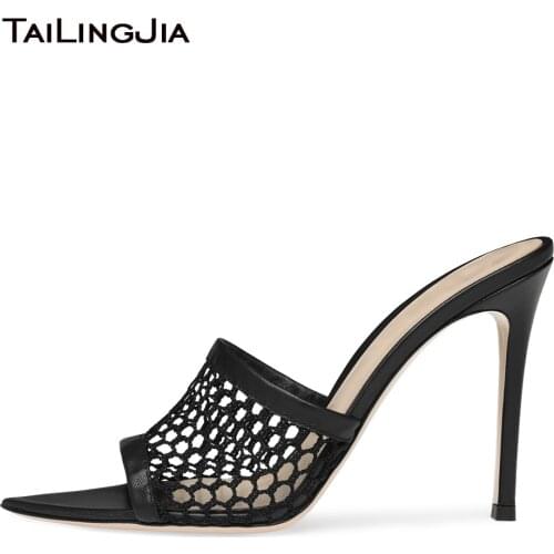 Pointed Toe High Heel Mesh Sandals Women 2021 Black Fishnet Heels Heeled Mules Slippers Summer Shoes Ladies Large Size Footwear