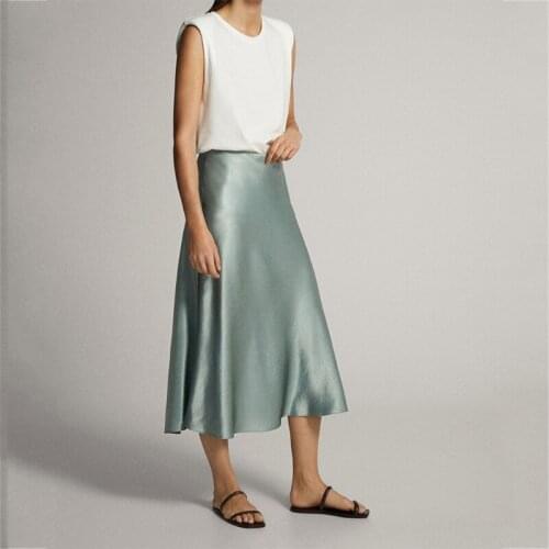 Women Silky Satin High Waist A-Line Midi Long Skirt Simple Solid Color Mint Green Flared Hem Casual Loose Vintage Office Ladies
