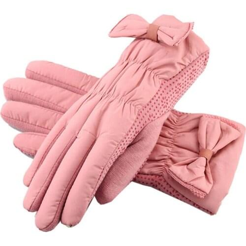 Female Winter Outdoor Sports Warm Windproof Touch Screen Cycling Gloves Women Bow Thick Plush Cashmere Mittens Driving Glove A54