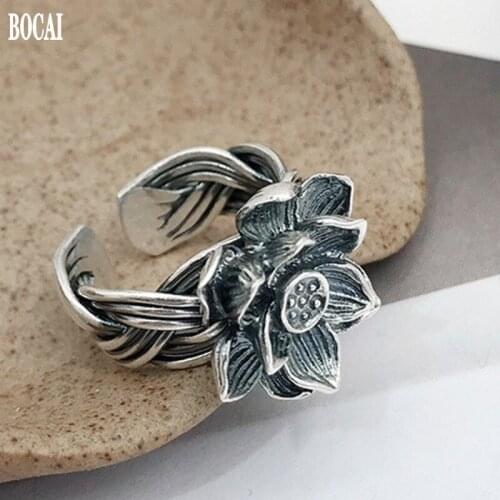 BOCAI New solid S925 sterling silver flower female ring retro personality fashionable exaggerated atmosphere woman ring