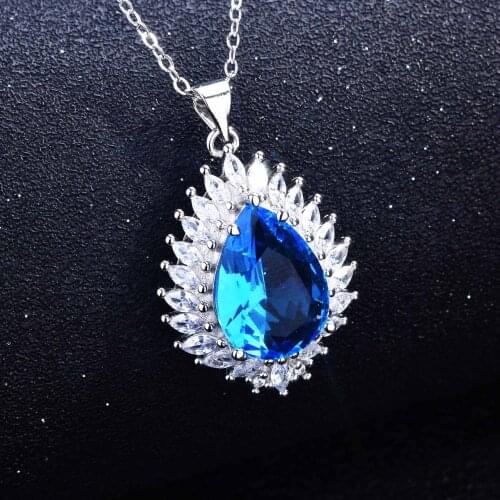 QTT Brilliant Jewelry Pendant Necklace 925 Sterling Silver Chain Necklace Blue Water Drop Gemstones Choker Necklace For Women