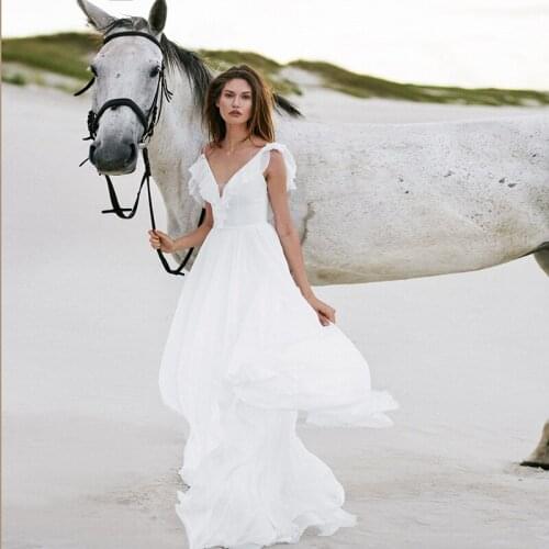 V Neck Short Sleeve Bridal Gowns White/Ivory Chiffon Summer Beach Simple Boho Bridal Gowns Robe Mariage 2021