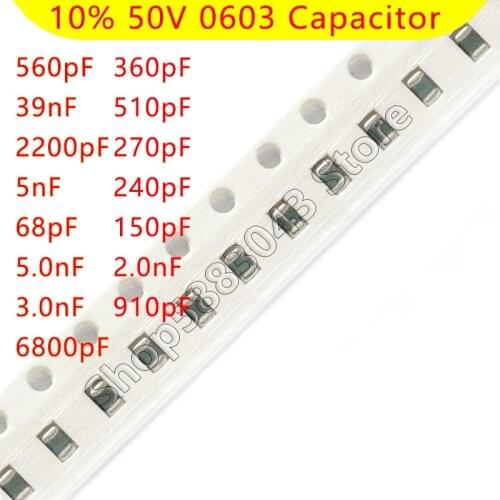 100pcs 10% 50V 0603 X7R SMD Capacitor 560pF 39nF 2200pF 5nF 68pF 5.0nF 3.0nF 6800pF 360pF 510pF 270pF 240pF 150pF 2.0nF 910pF