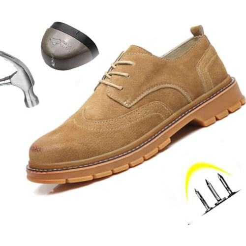 Safety Shoes Men Soft Genuine Leather Lace Up Steel Toe Anti Smashing Puncture-resistant Indestructible Work Boots Welding Shoes