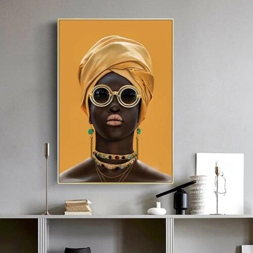 Black Woman With Sunglasses Oil Painting On The Wall Modern Decor Canvas Wall Art Pictures Cuadros Yellow African Woman Poster