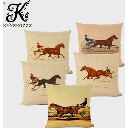 European Classical Decorative Cushion Cover Running Horse Retro Carriage Art Print Hotel Home Cafe Decoration Throw Pillowcase