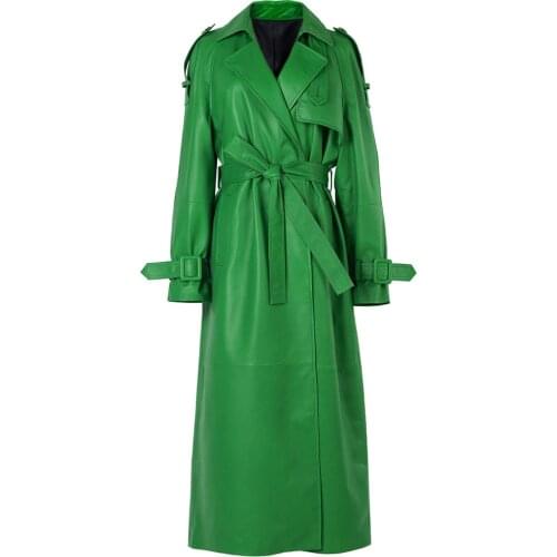 YOLOAgain Long Leather Coats For Women Ladies Genuine Leather Trench Coat