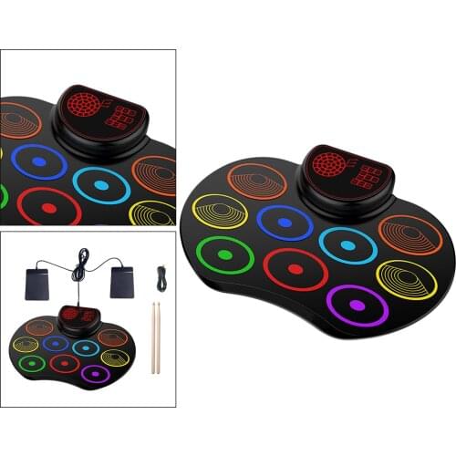 Electronic Hand Roll-up Drum Kit with Speaker Pedals Drum Sticks Built-in Lithium Battery Toy for Kids Adults