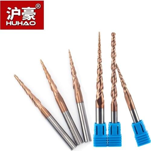 HUHAO 1pc HRC55 TIN Tapered Ball Nose End Mill Tungsten Solid Carbide Coated CNC Milling Cutter For Metal Emboss Engraving Bit